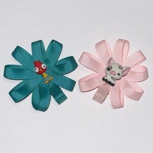 Set of 2 Girls Hair Bows Pig & Chicken Ribbon Clips Disneys Moana Theme